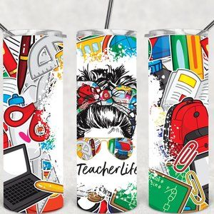 Women's Messy Bun Teacher Life School Design Custom Tumbler Coaster Gift Set